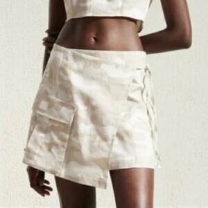 Zara Linen Blend Camo True Wrap Mini Cargo Skirt 9189/034/743 Medium Beige White